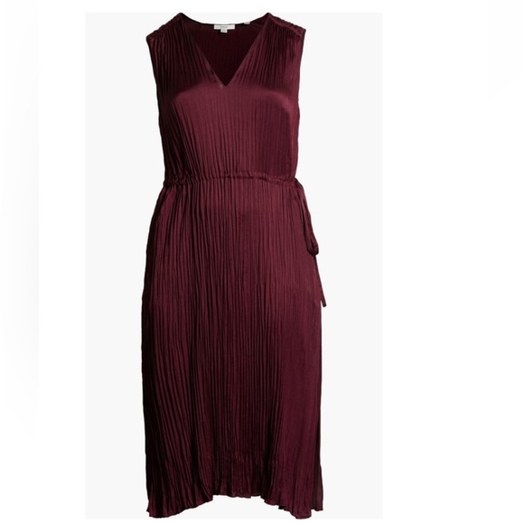 + VINCE + V-Neck Side Tie Satin Plissé Dress - Picture 5 of 5